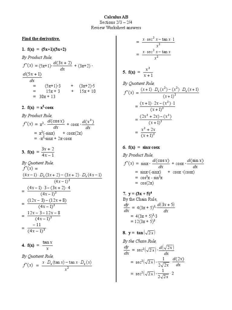 Calculus 2-3 - 2-4 Review Worksheet Answers | Mathematical Concepts ...