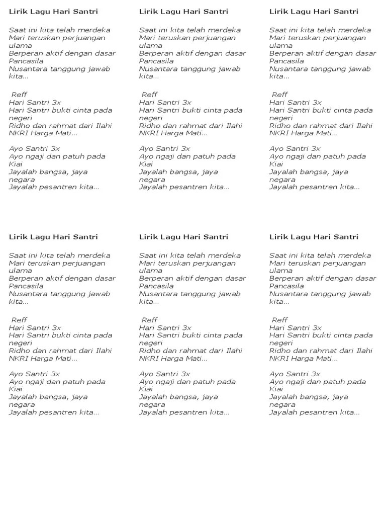 Di tanggal tersebut diperingati sebagai hari santri nasional. Lirik Lagu Hari Santri Pdf