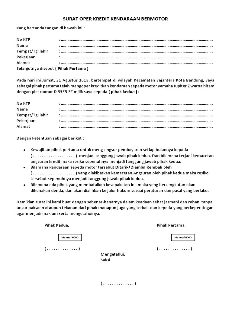 Surat Perjanjian Oper Kredit Motor Pdf 
