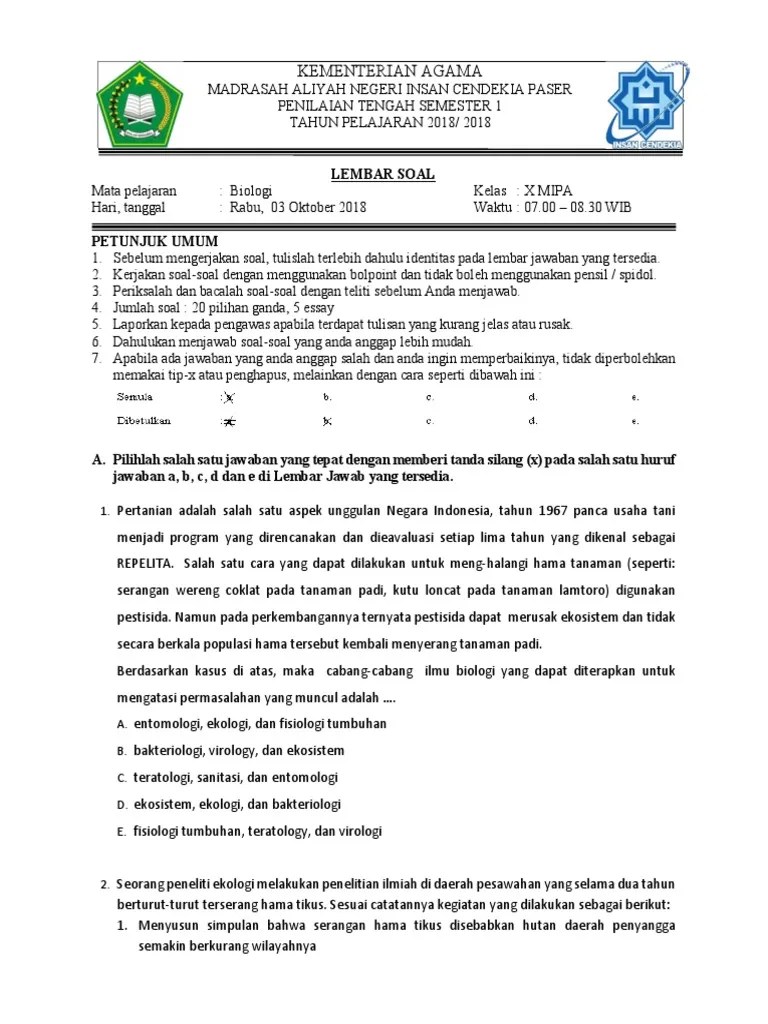 Sahabat bospedia dimana saja berada. Soal Pts Bio Kelas X Ganjil 18 19 Pdf