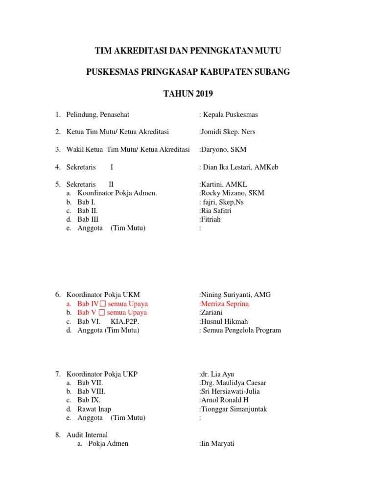 Struktur Tim Mutu Akreditasi Puskesmas | PDF