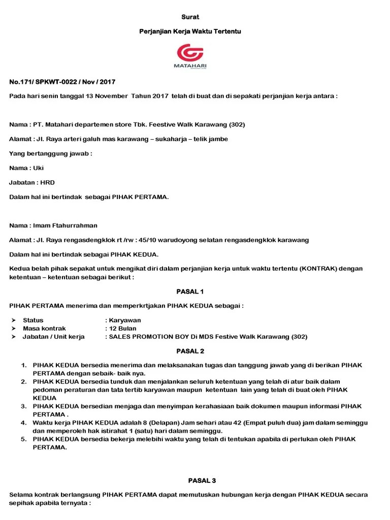 Seluruh pelaksanaan pembayaran pekerjaan tersebut dalam pasal (1) surat perjanjian ini bisa dilaksanakan melalui rekening bank penyedia barang/jasa oleh pihak . Surat Kontrak Matahari Pdf