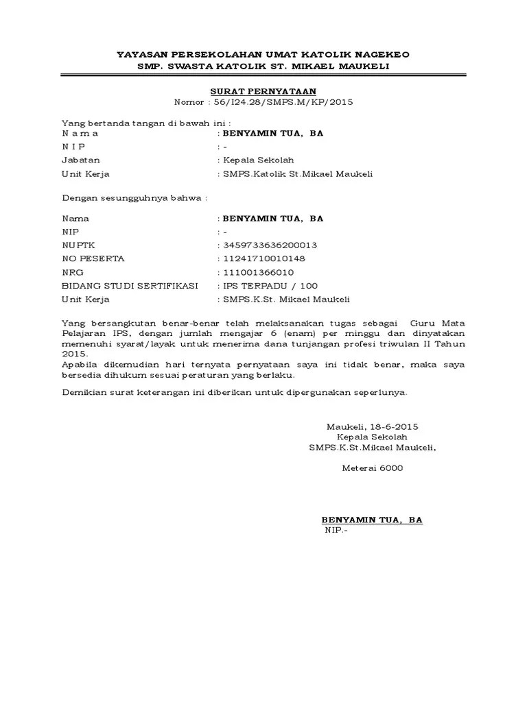 Contoh Surat Pernyataan Kepala Sekolah Untuk Guru Sertifikasi Seputaran Guru 