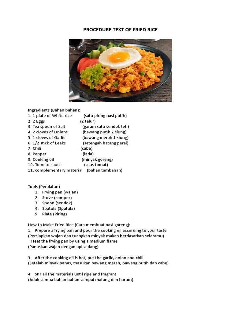 Contoh Procedure Text How To Make Fried Rice Pdf Toss the vegetables into the pan for about 3 minutes.