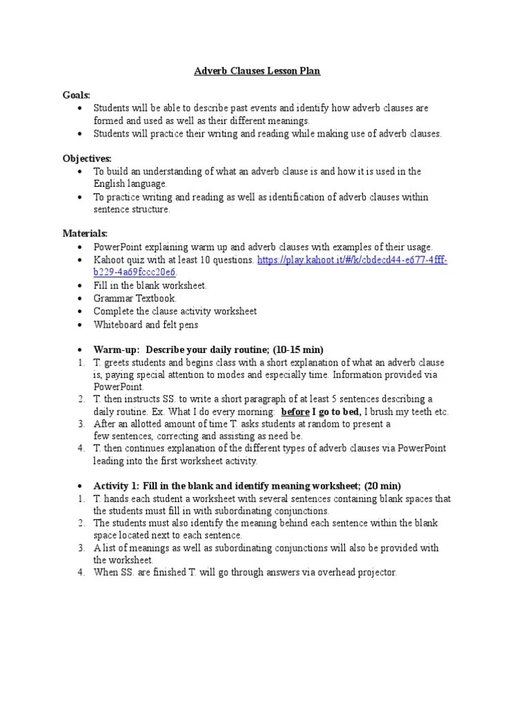 See more ideas about teaching english, adverbs, grammar lessons. Adverb Clauses Lesson Plan Pdf Clause Sentence Linguistics