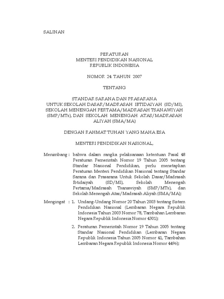 37 tahun 2018 tentang perubahan permendikbud no. Permendiknas No 24 Th 2007 Standar Sarpras Pendidikan Pdf