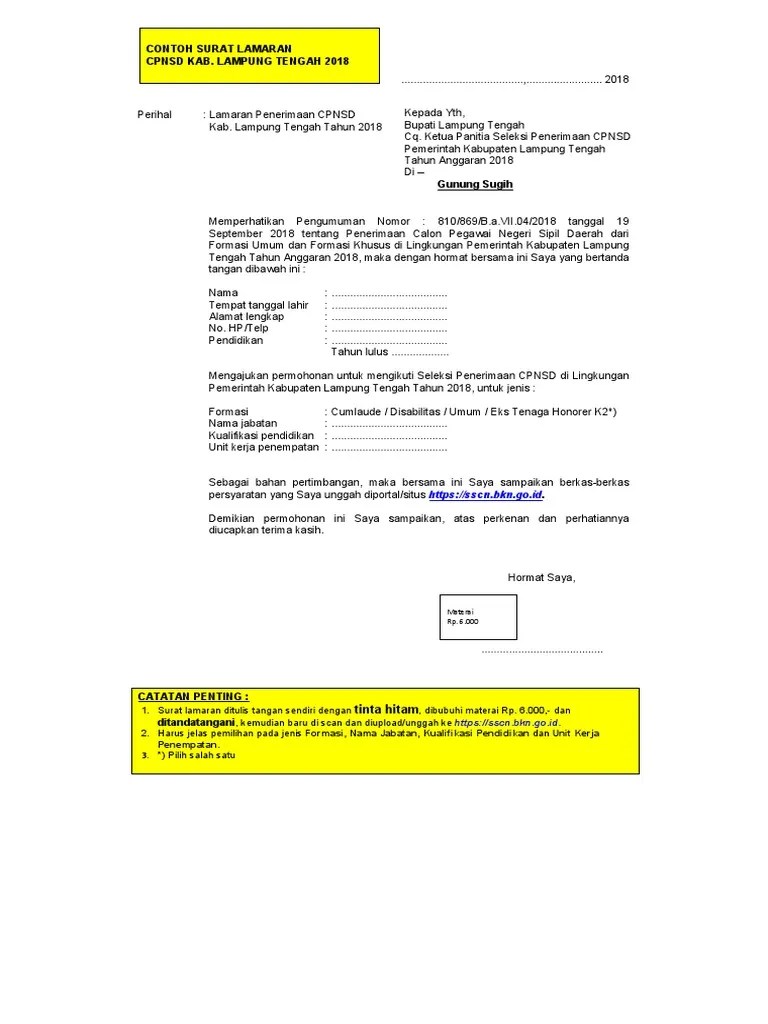 Pengumuman hasil seleksi skd cpns di lingkungan pemerintah kabupaten banyuasin 2021 berdasarkan surat kepala badan kepegawaian negara nomor . Contoh Surat Lamaran Cpns Lamteng Pdf