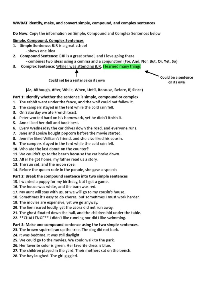 The simple sentences in a compound sentence can be joined together with a comma and a conjunction, or with a semicolon. Simple Compound Complex Sentences Worksheet Pdf Leisure