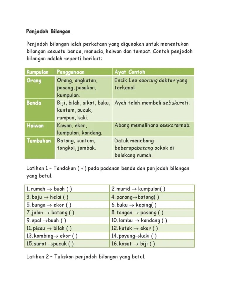 Yang berikut ialah beberapa contoh penjodoh bilangan serta penggunaannya. Latihan Penjodoh Bilangan Pdf