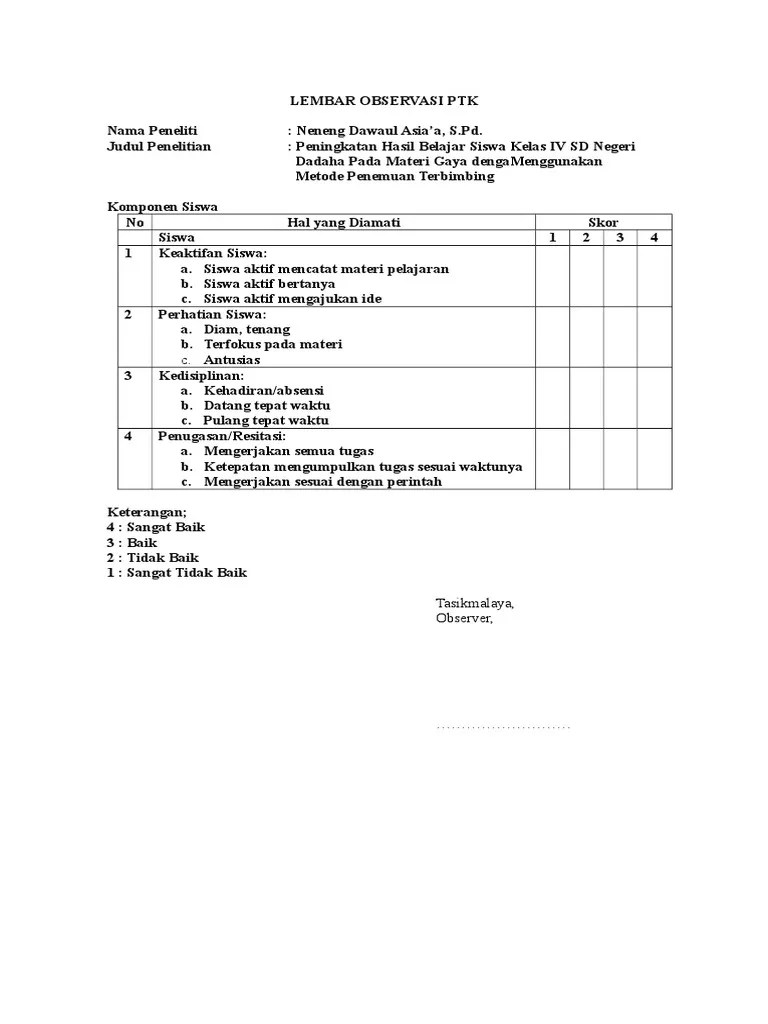 contoh rencana penelitian dan prosedur penelitian pada ptk sekolah dasar. 1 Lembar Observasi Ptk Pdf