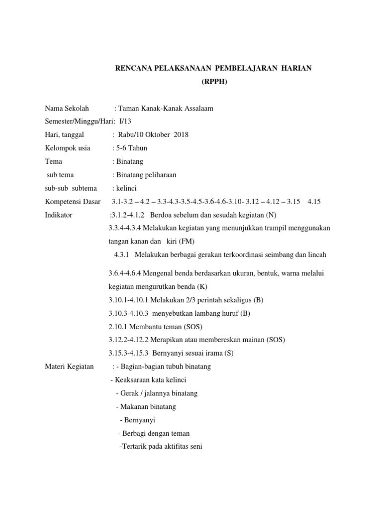 Ayah bunda dapat melihat contoh rpph paud kurikulum 2013 terbaru melalui. Rpph Sub Tema Kelinci Pdf