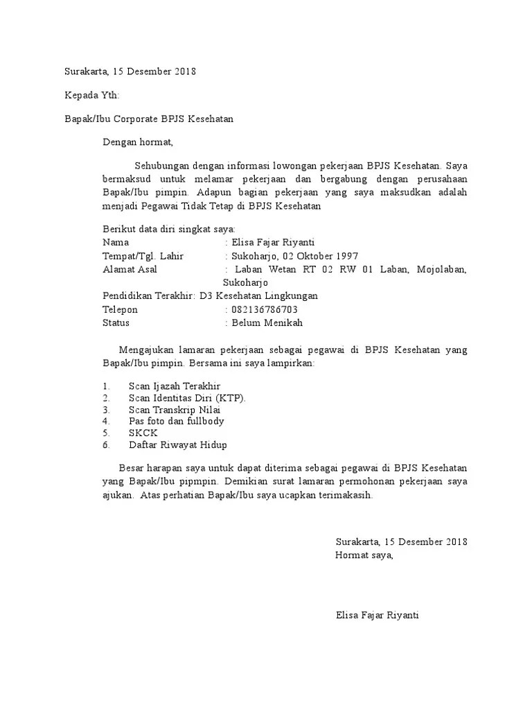 Daftar riwayat hidup ( cv );; Surat Lamaran Bpjs Pdf