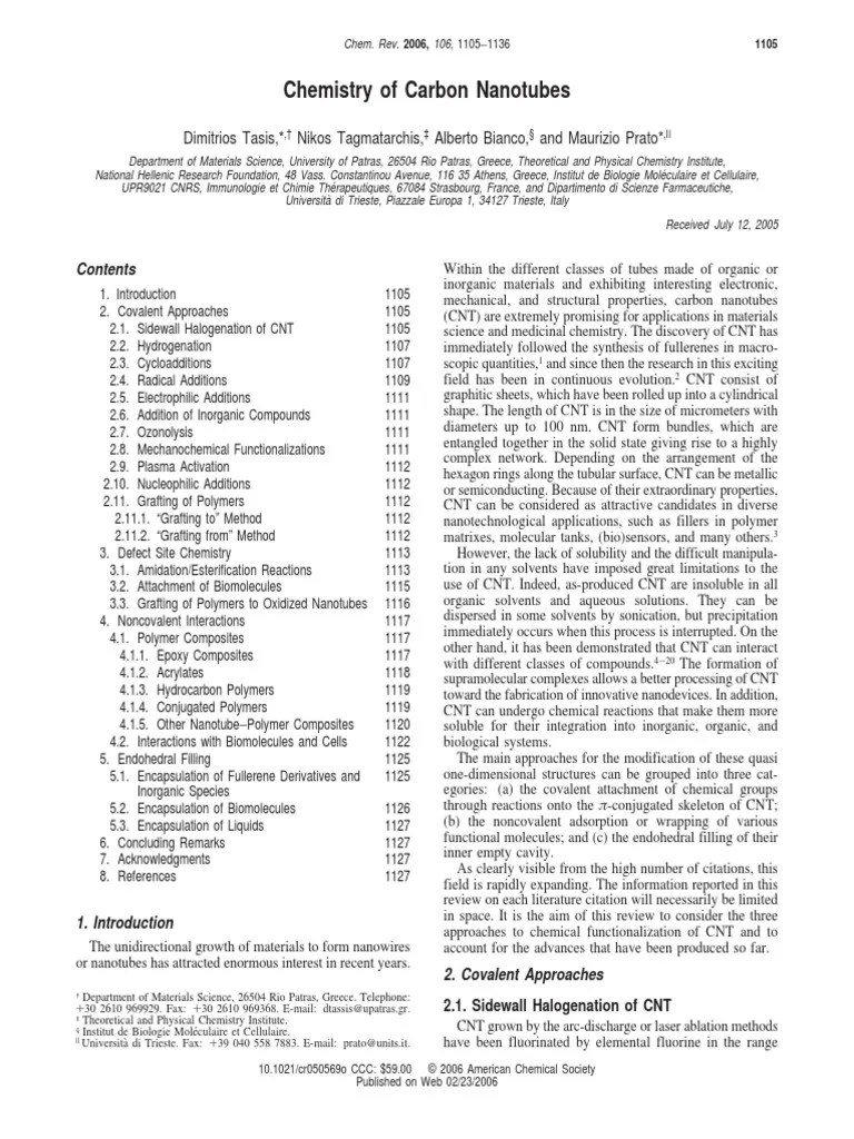 Chemistry Of Carbon Nanotubes | PDF | Carbon Nanotube | Chemical Reactions