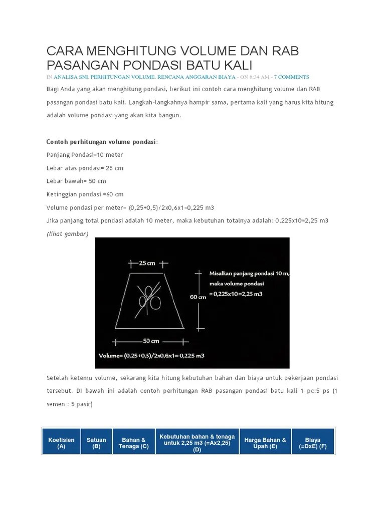 Cara Menghitung Volume Dan Rab Pasangan Pondasi Batu Kali | PDF