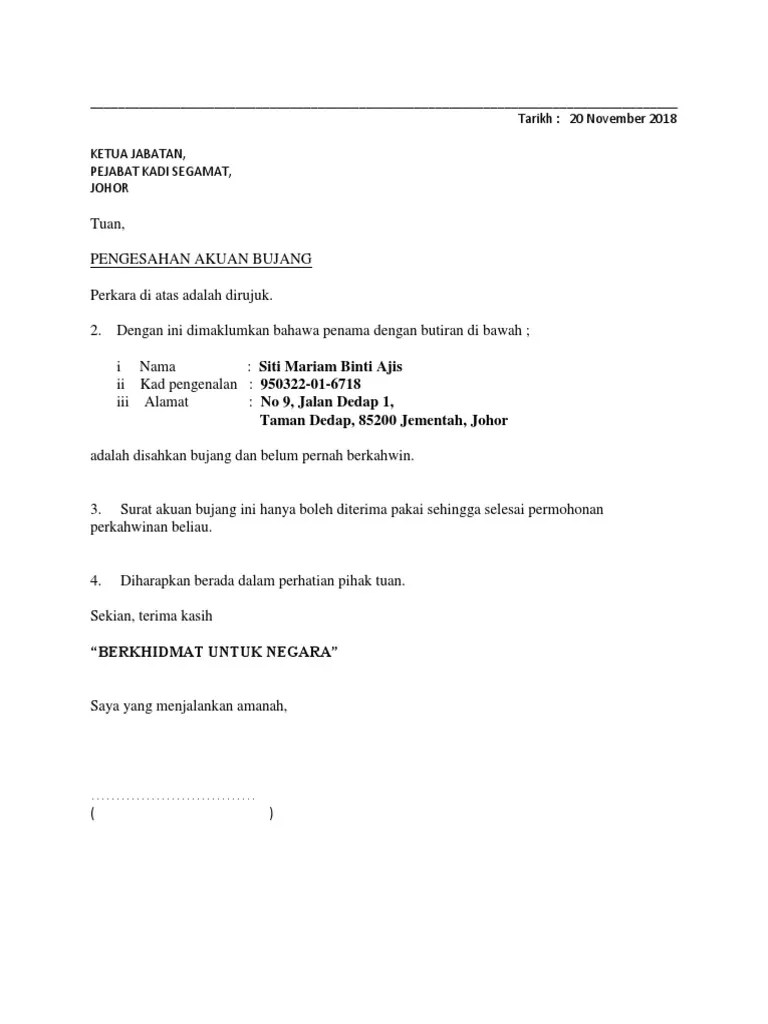 Surat akuan bujang (ketua kampung). Surat Akuan Bujang Untuk Berkahwin Letter 7saudara Com