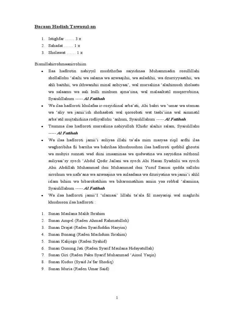 Doa tahlil biasanya dibaca setelah umat islam melakukan bacaan tahlilan. Bacaan Hadiah Tawasul Pdf