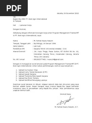 Permohonan kerja kepada yth : Surat Lamaran Pt Best Agro International Pdf