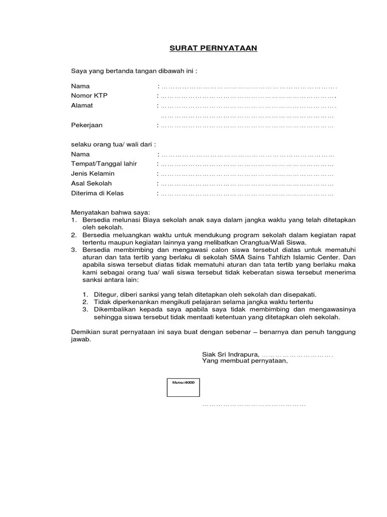 Inilah Contoh Surat Pernyataan Orang Tua Siswa Baru Sd [Terlengkap] 