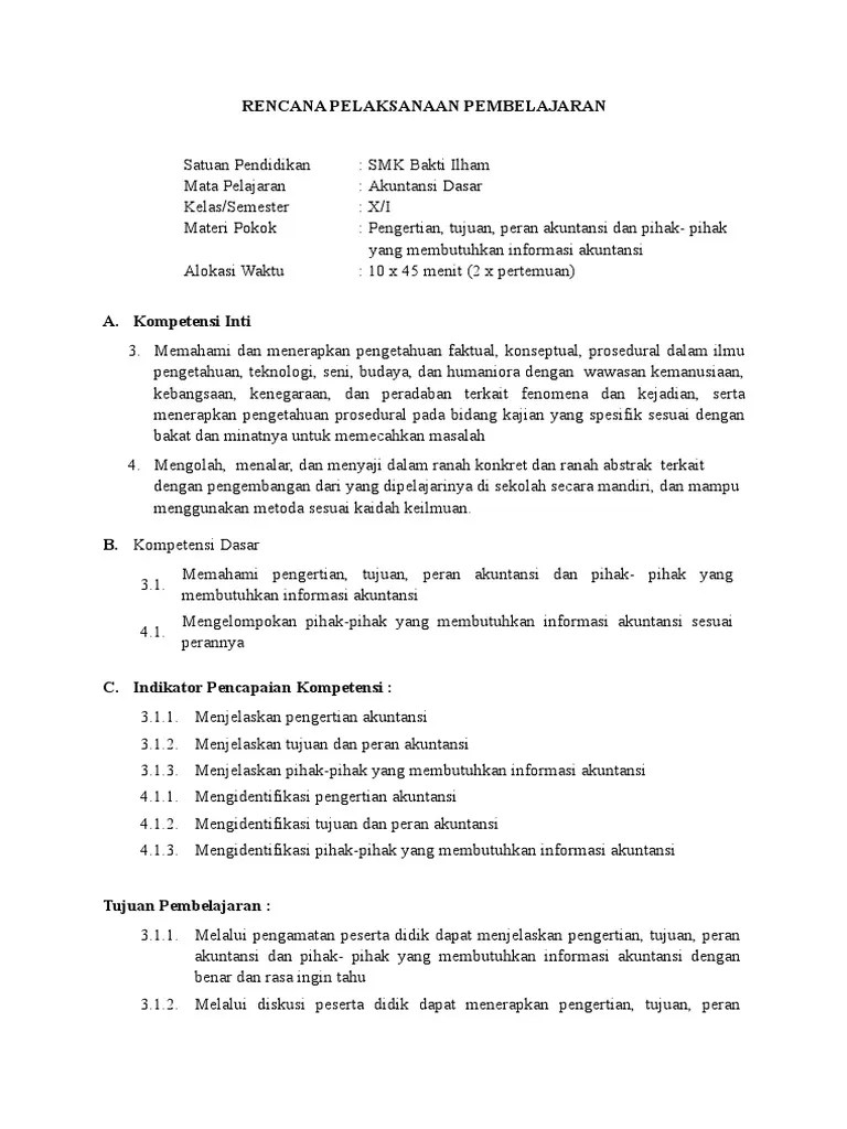 RPP Akuntansi Dasar 1 Pengertian, Tujuan Peran Dan Pihak Pihak | PDF
