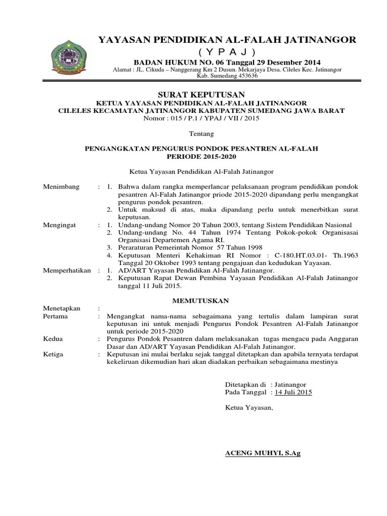 Surat keputusan ketua pembina yayasan pondok pesantren tanggul hasan nomor : Sk Pimpinan Dan Pengurus Pondok Pesantren Pdf