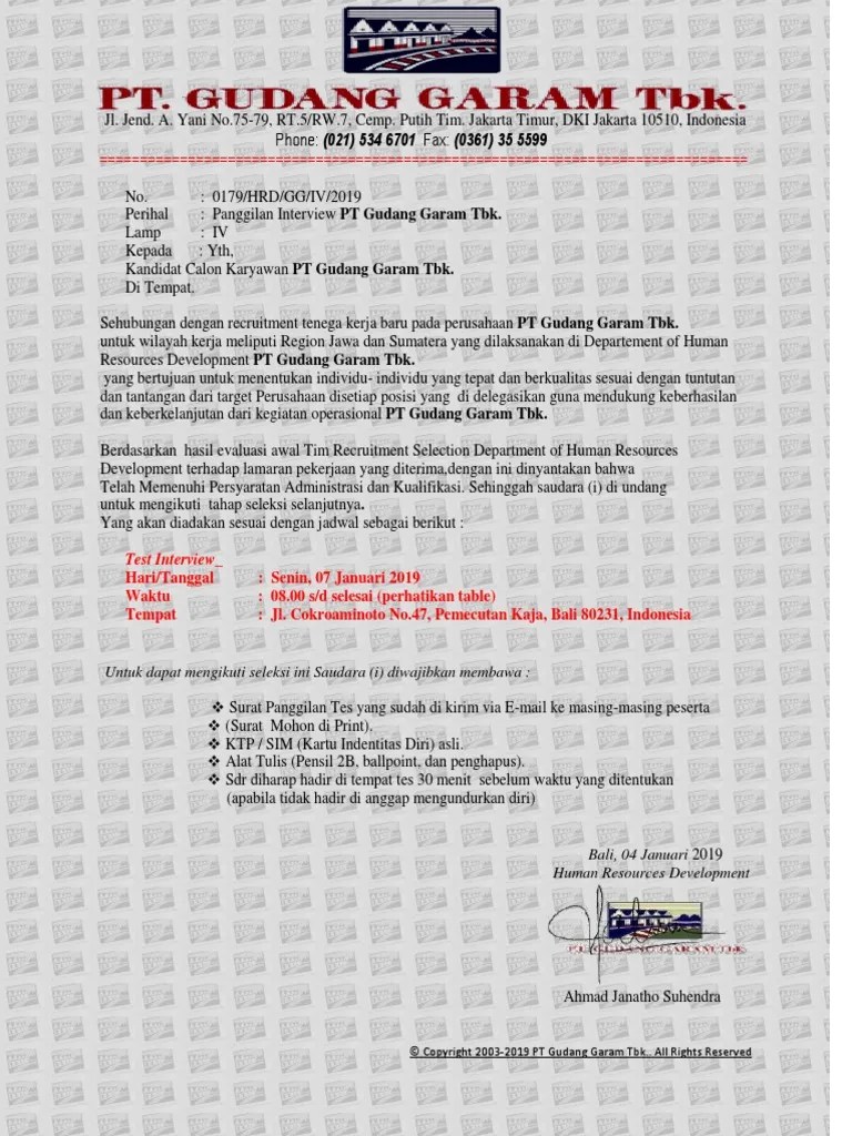 Contoh PeniPuan Surat Panggilan &amp; Daftar Peserta Interview Kandidat PT -  Gudang Garam TBK 2019 | PDF