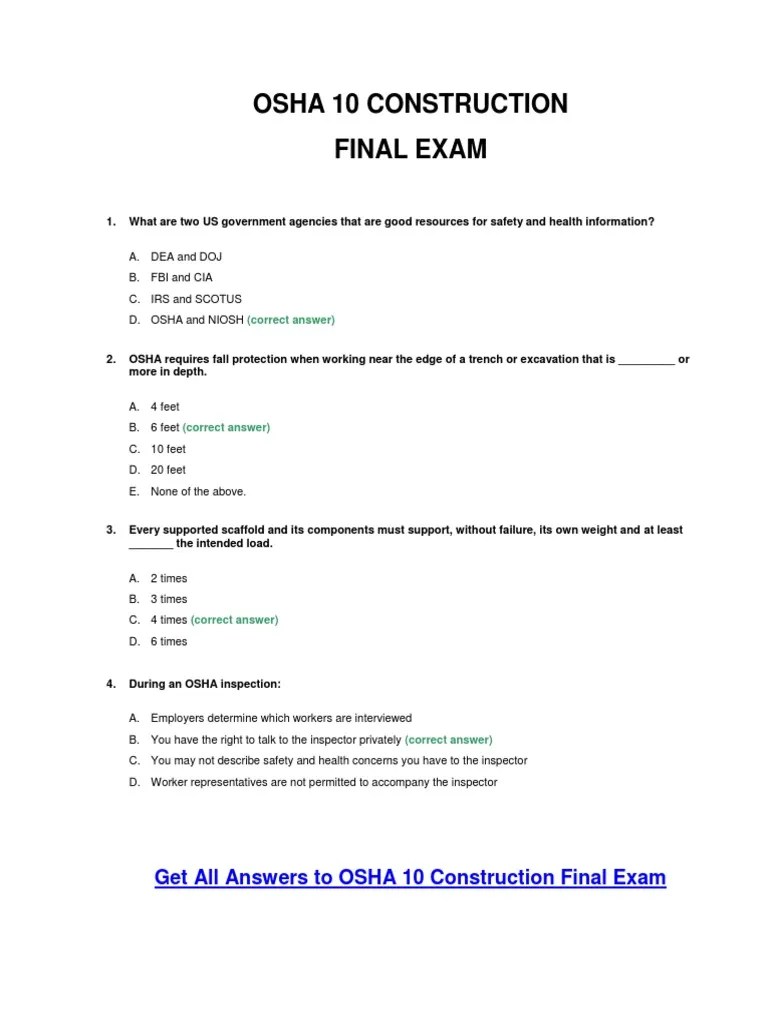 Osha 10 Construction Final Exam Answer Key Occupational