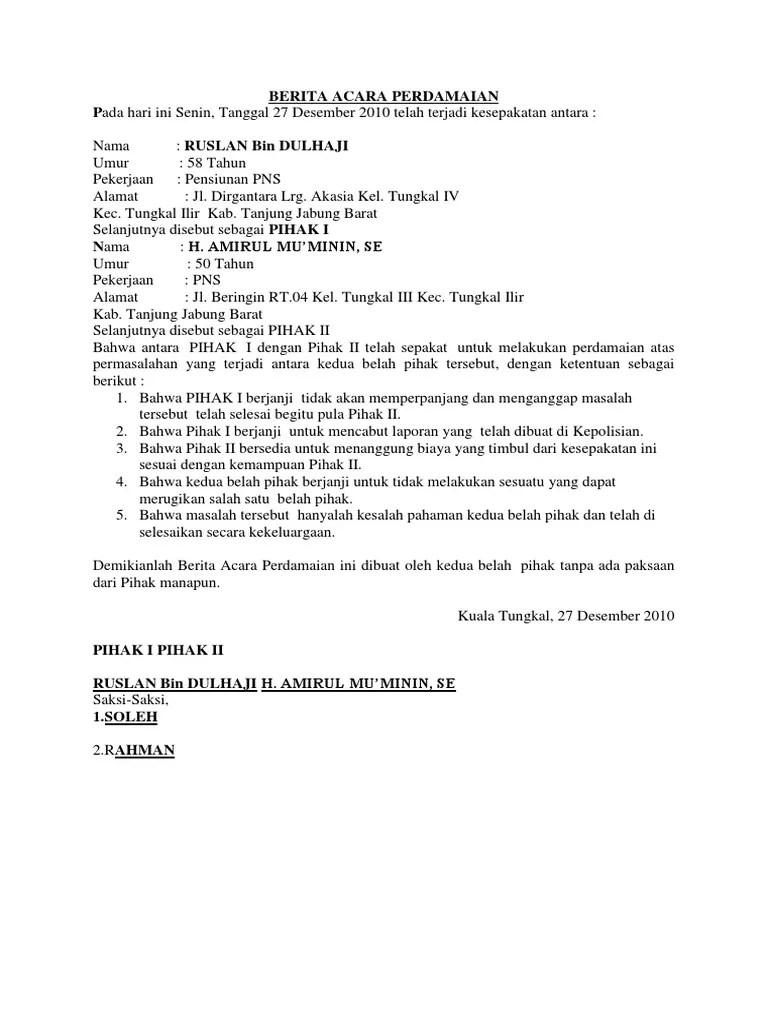 • pelanggaran (senjata tajam, narkotika, lalu lintas). Surat Pernyataan Damai Perkelahian Belajar