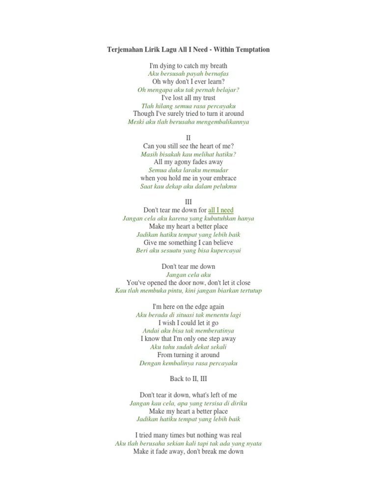 Terjemahan Lirik Lagu All I Need | PDF