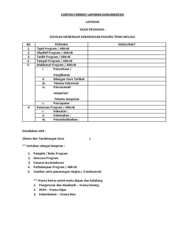 Format borang laporan ringkas program sekolah. Dokumen Tips Contoh Format Laporan Dokumentasi Pdf
