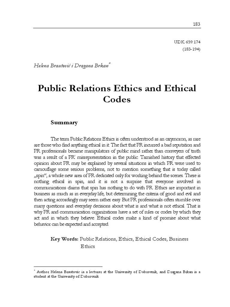 Public Relations Ethics And Ethical Codes: Helena Brautović I Dragana ...