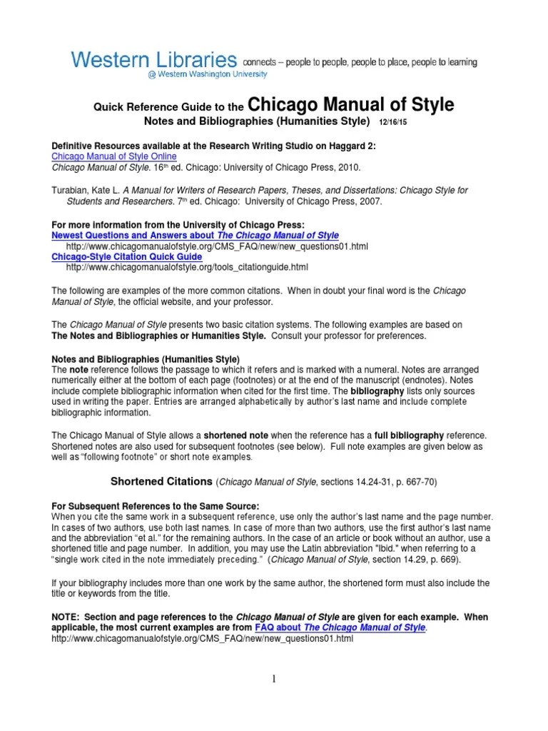 Chicago Manual Of Style: Quick Reference Guide To The Notes And Bibliographies (Humanities Style ...