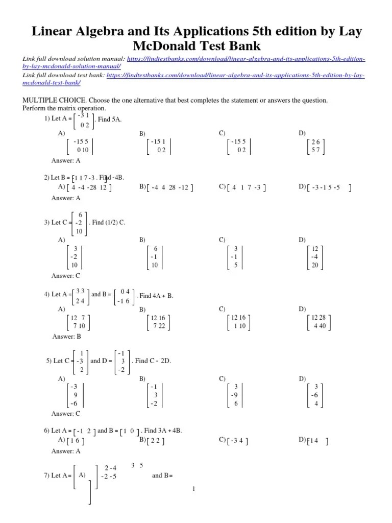 Linear Algebra And Its Applications 5th Edition By Lay McDonald Test ...