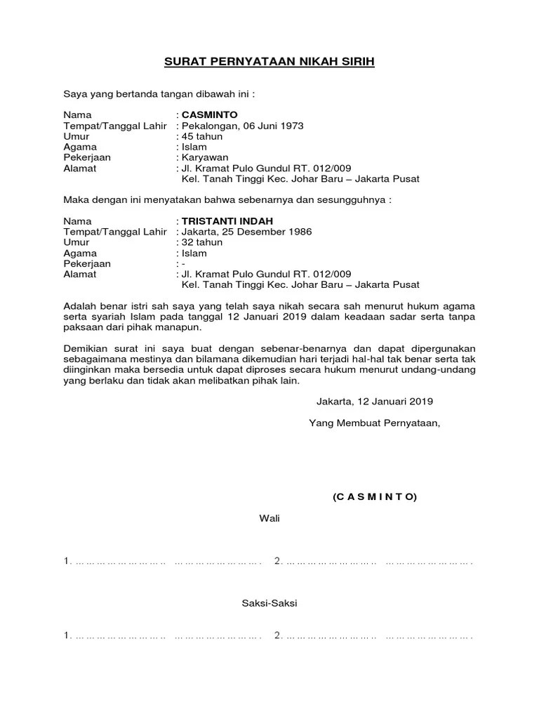 Pembahasan lengkap tentang apa itu nikah siri?, apa hukum dan syarat nikah siri, juga contoh surat nikah siri untuk mengurus buku nikah yang . SURAT PERNYATAAN NIKAH SIRIH.docx