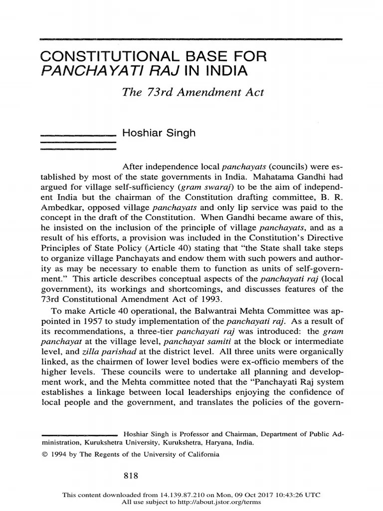 Constitutional Base For Panchayati Raj In India | PDF | Government Of India | Politics Of India