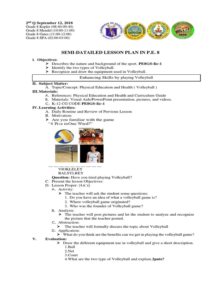 Lesson Plan In P.E Team Sports Volleyball | PDF | Physical Education ...
