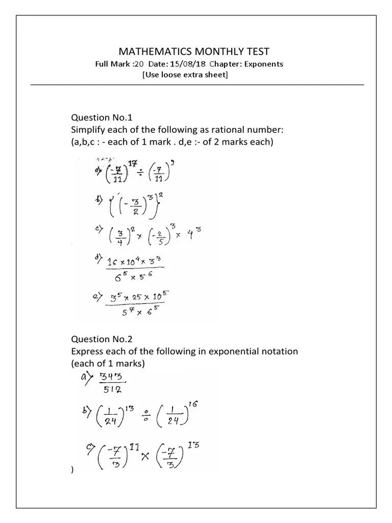 Test Paper On Exponents, Class 8, Icse | PDF