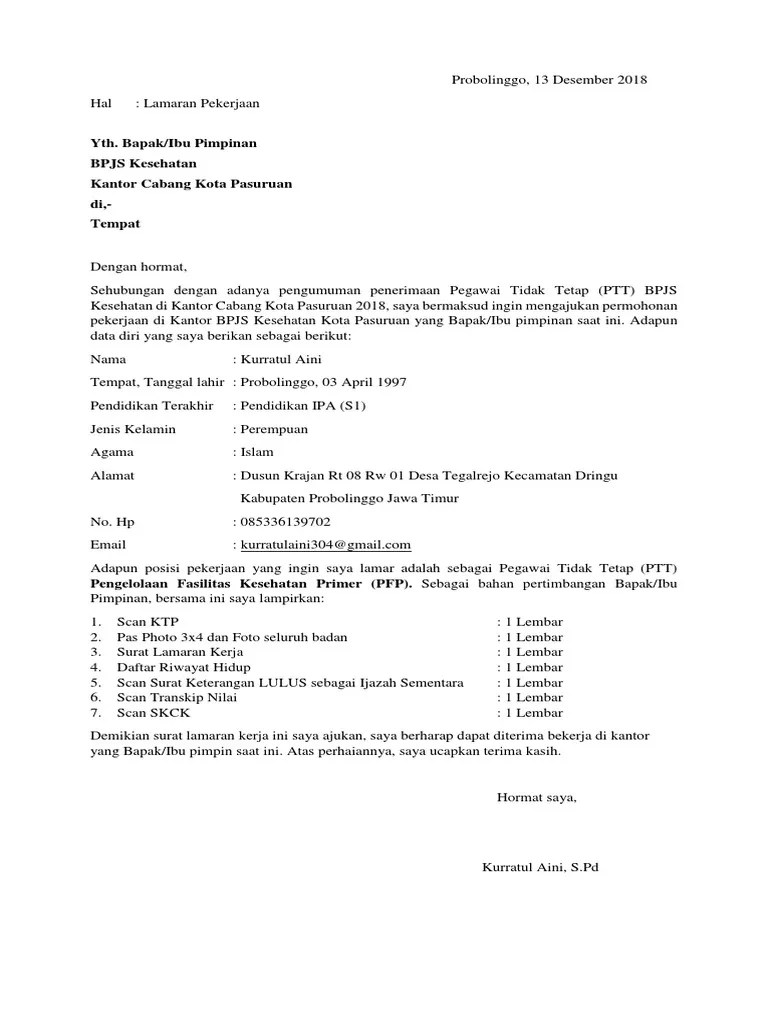Doc contoh lamaran pekerjaan bpjs wiyan sri yunarti academia edu. Surat Lamaran Bpjs Pdf