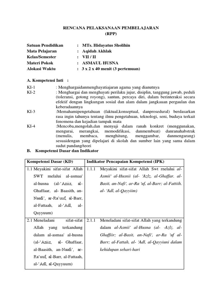 Contoh rpp madrasah ibtidaiyah mi aqidah akhlaq kurikulum 2013 revisi. Rpp Akidah Akhlak Asmaul Husna
