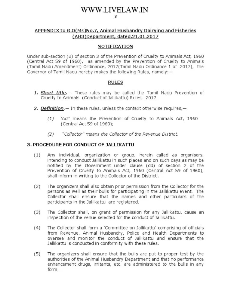 Tamil Nadu Prevention Of Cruelty To Animals (Conduct Of Jallikattu) Rules, 2017 | PDF
