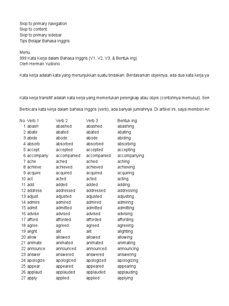 Pengen contoh kata kerja beraturan dalam bahasa inggris? Kata Kerja Bahasa Inggris V1 V2 V3 Pdf Python