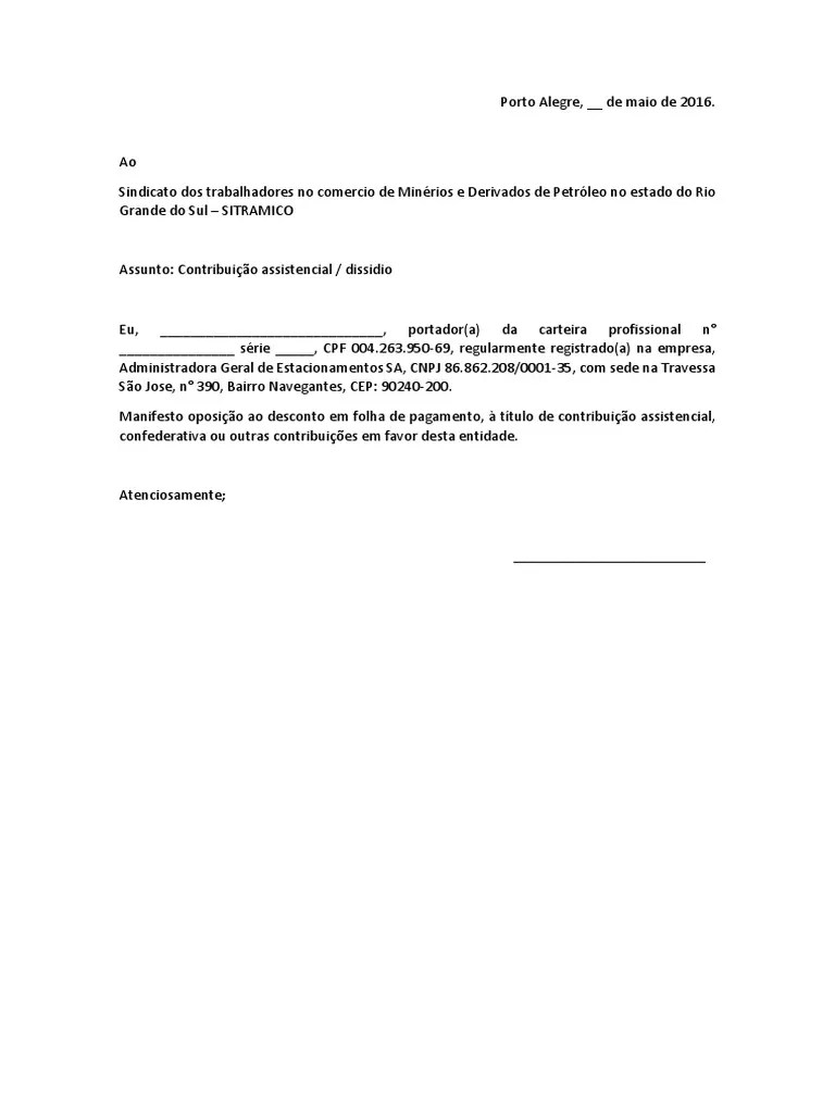 Carta Sindicato - Modelo | PDF