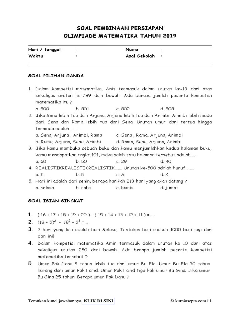 Olimpiade sains nasional (osn) atau sekarang dikenal dengan sebutan. Soal Pembinaan Persiapan Olimpiade Matematika Sd Pdf Pdf