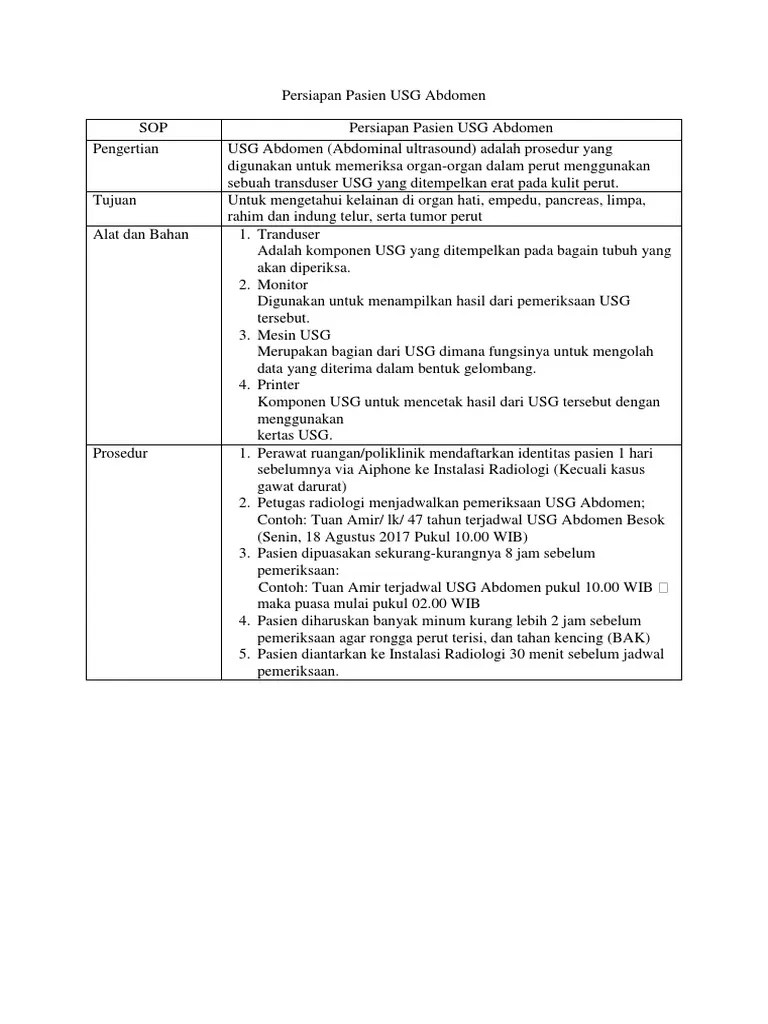 Usg sangat penting di masa kehamilan untuk mendeteksi perkembangan janin. Sop Persiapan Pasien Usg Abdomen Pdf