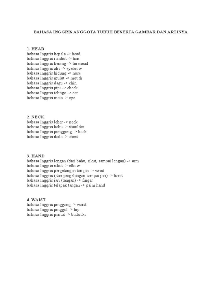 Bahasa Inggris Anggota Tubuh Beserta Gambar Dan Artinya | PDF
