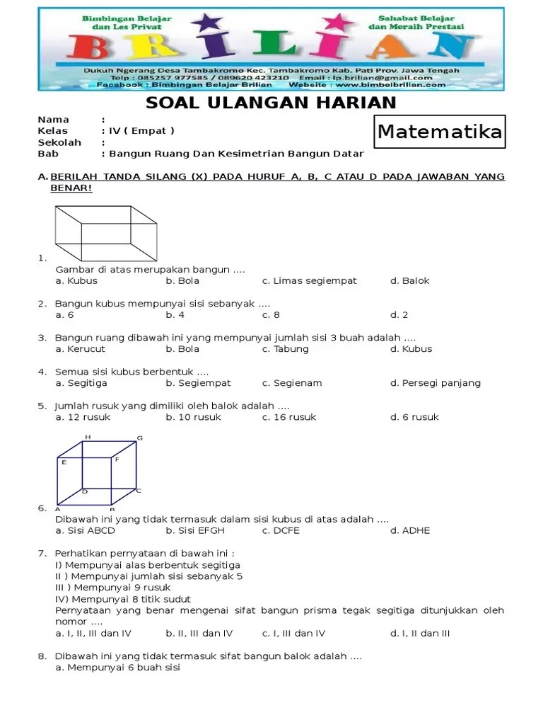 L = л x r² dan k = 2 x л x r. Soal Ulangan Bangun Ruang Kelas 4 Sd Id Aplikasi