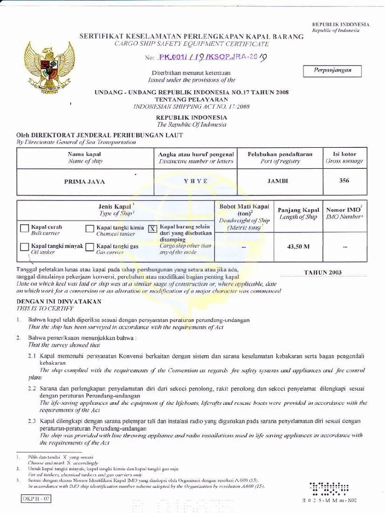 Sertifikat Keselamatan Perlengkapan Kapal Barang | PDF