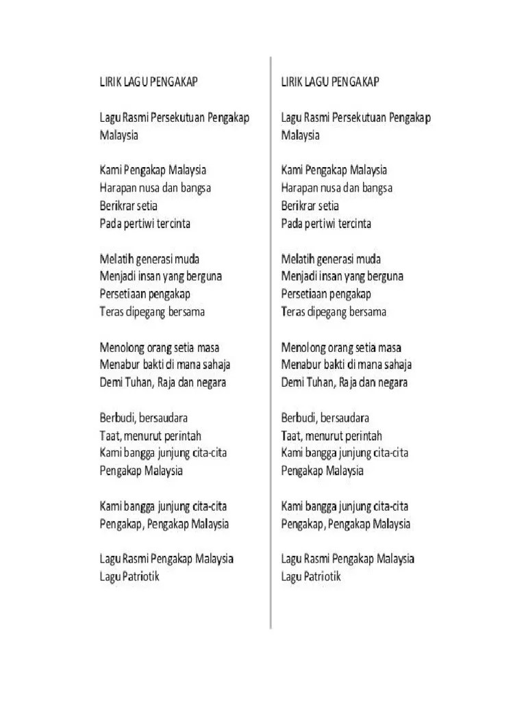 Lagu rasmi persekutuan pengakap malaysia beserta lirik lirik lagu pengakap malaysia kami pengakap malaysia harapan nusa dan bangsa berikrar . Lirik Lagu Pengakap Malaysia Pdf