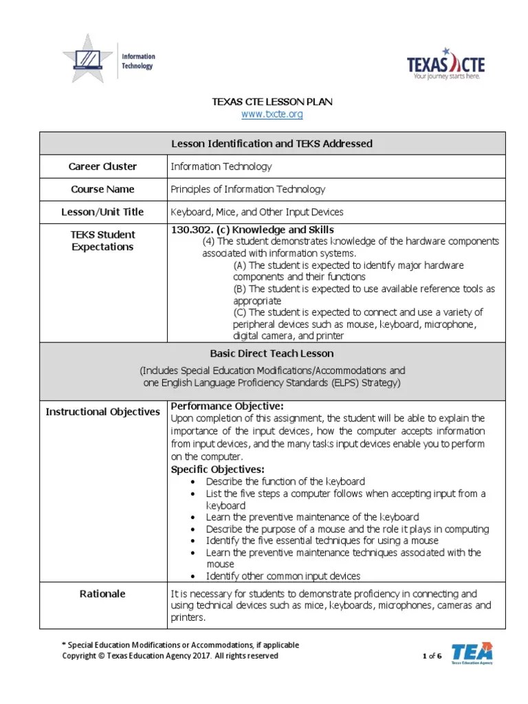 Lesson Plan Keyboards, Mice, And Other Input Devices - 0 | PDF ...