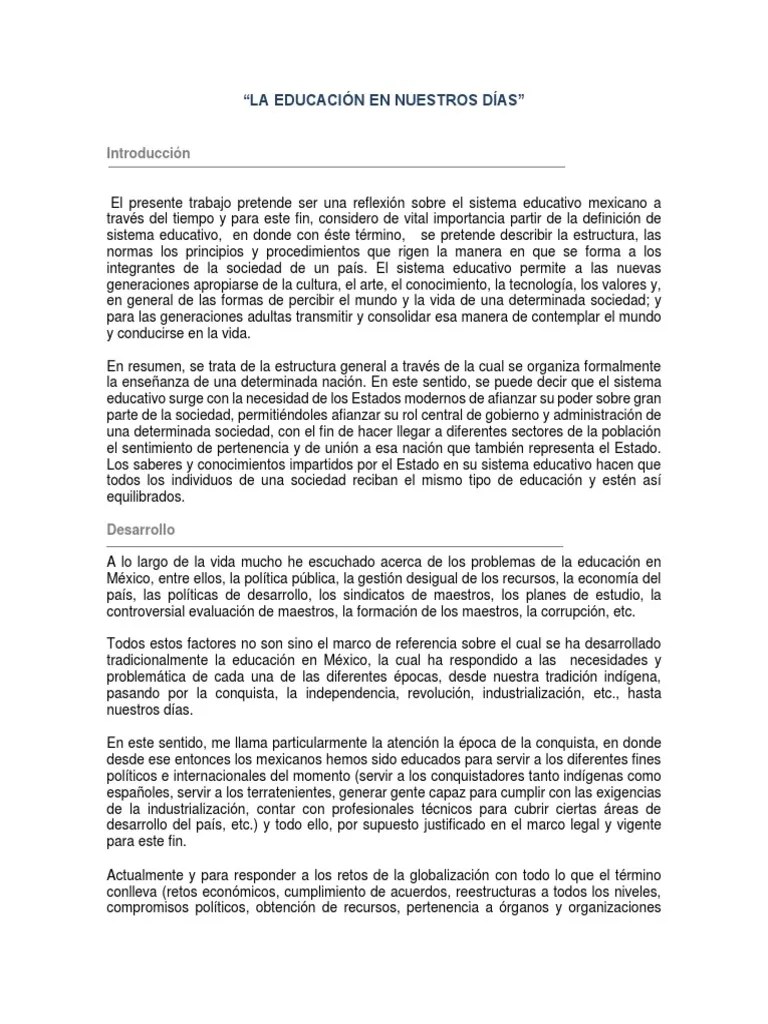 Ensayo La Educación En Nuestros Días | PDF | Evaluación | México