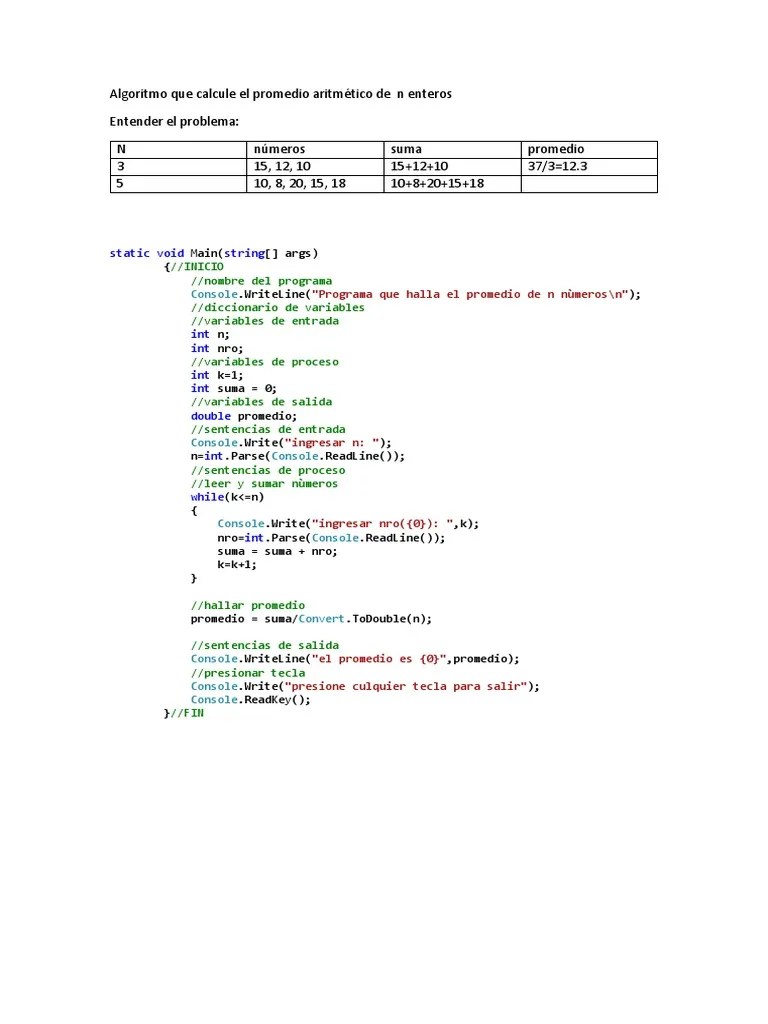 Algoritmo Que Calcule El Promedio Aritmético De N Enteros | PDF | Matemáticas Aplicadas ...